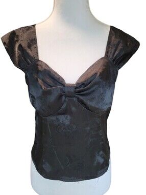 Simple Retro Black Silky Smocked Blouse With Floral Butterfly Pattern